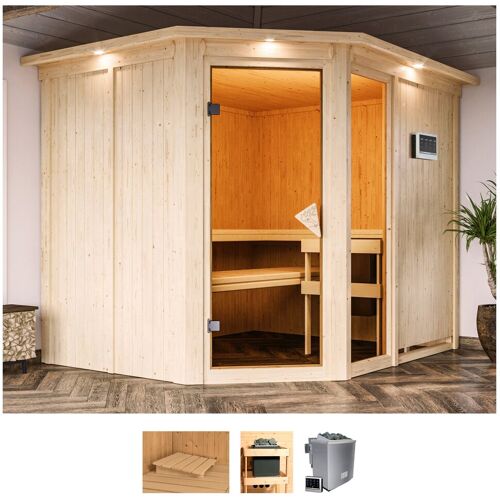 KARIBU Sauna „Frigga 3“ Saunen 9-kW-Bio-Ofen mit externer Steuerung beige (naturbelassen) Saunen