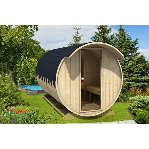 FINNTHERM Fass-Sauna Finn inkl. Holz-Ofen (18 kW), Premium-Thermoholz – Gartensauna Außensauna – Naturbelassen – Finntherm