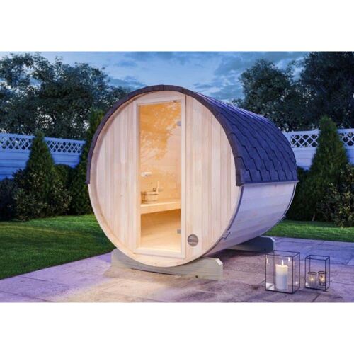 FINNTHERM Fass-Sauna Mini s Fasssauna 2 Sitzbänke aus Holz in Naturbelassen Sauna Wandstärke: 42 mm Außensauna – Naturbelassen – Finntherm