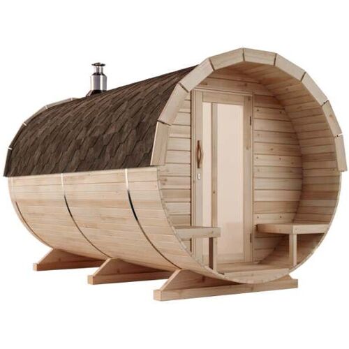 FINNTHERM Fasssauna Charlotte Fasssauna 2 Sitzbänke aus Holz, Sauna mit 42 mm Wandstärke Außensauna – Naturbelassen – Finntherm