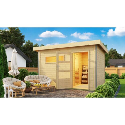 Karibu Holz Gartensauna / Saunahaus Skrollan 2 naturbelassen 336 x 231 x 231 cm (b x t x h) mit Ofen 9 kW + Steuergerät Easy Bio mit Klarglastür – Karibu