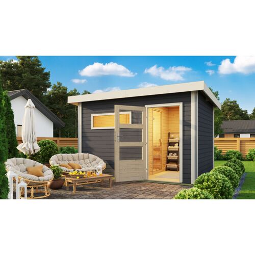 Karibu Holz Gartensauna / Saunahaus Skrollan 2 terragrau 336 x 231 x 231 cm (b x t x h) mit Ofen 9 kW + Steuergerät Easy Finnisch mit Klarglastür – Karibu