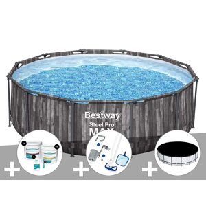 Kit piscine tubulaire ronde Bestway Steel Pro Max décor bois 3,66 x 1,00 m + Kit de traitement au chlore + Kit d'entretien Deluxe + Bâche de protection - Publicité