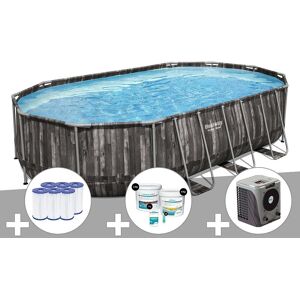 Kit piscine tubulaire ovale Bestway Power Steel décor bois 6,10 x 3,66 x 1,22 m + 6 cartouches de filtration + Kit de traitement au chlore + Pompe à chaleur - Publicité