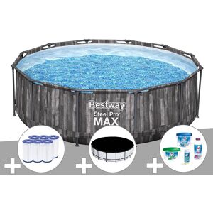 Kit piscine tubulaire ronde Bestway Steel Pro Max décor bois 3,66 x 1,00 m + 6 cartouches de filtration + Kit de traitement au chlore + Bâche de protection - Publicité