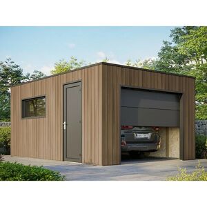 Direct Abris - Garage Bois Composite silverstone - Bardage Couleur Teck / Teak - Surface : 20m² - Porte Sectionnelle Motorisée - 2 télécommandes - Publicité