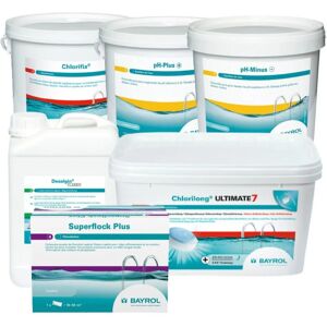 Pack produits Bayrol Piscine 6 produits : 7 fonctions 4,8kg, Choc 5kg, pH plus 5kg, pH minus 6kg, Anti-algues 3L, Floculant x8 - Publicité