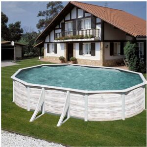 GRE - Kit piscine hors sol acier ovale Finlandia avec renforts apparents - Dimensions piscine: 6,34 x 3,99 x 1,32 m - Publicité