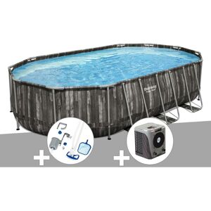 Kit piscine tubulaire ovale Bestway Power Steel décor bois 6,10 x 3,66 x 1,22 m + Kit d'entretien Deluxe + Pompe à chaleur - Publicité