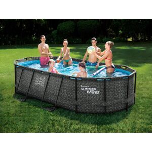 Vente-unique Piscine tubulaire ovale effet chevrons gris foncé avec pompe filtrante à cartouche - L424 x P250 x H100 cm - SALAMANQUE