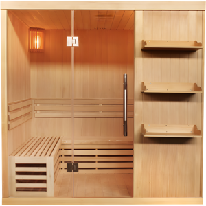 Vente-unique.com Sauna traditionnel Finlandais 4/5 places FABORG vitré avec étagères - 200x180x200 - Publicité