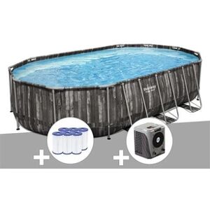 Bestway Kit piscine tubulaire ovale Power Steel décor bois 6,10 x 3,66 x 1,22 m + 6 cartouches de filtration + Pompe à chaleur - Publicité