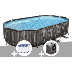 Kit piscine tubulaire ovale Bestway Power Steel décor bois 6,10 x 3,66 x 1,22 m + 6 cartouches de filtration + Pompe à chaleur - Publicité