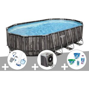 Kit piscine tubulaire ovale Bestway Power Steel décor bois 6,10 x 3,66 x 1,22 m + Kit de traitement au chlore + Kit d'entretien Deluxe + Pompe à chaleur - Publicité