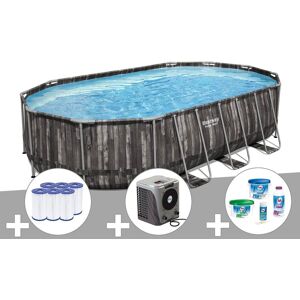 Kit piscine tubulaire ovale Bestway Power Steel décor bois 6,10 x 3,66 x 1,22 m + 6 cartouches de filtration + Kit de traitement au chlore + Pompe à chaleur - Publicité