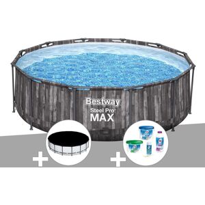 Kit piscine tubulaire ronde Bestway Steel Pro Max décor bois 3,66 x 1,00 m + Kit de traitement au chlore + Bâche de protection - Publicité