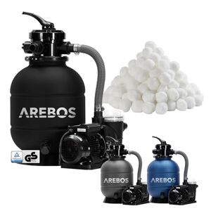 AREBOS Système de Filtre à Sable avec Pompe 400W + 700g de balles de Filtre   Noir   10200 L/h   Capacité du réservoir jusqu'à 20 kg de Sable   Filtres de piscine   Vanne à 7 Voies avec poignée - Publicité