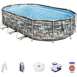 Bestway Piscine Hors Sol Ovale Power Steel™ Comfort Jet™ 610 x 366 x 122 cm Motif Pierre avec Filtre à Cartouche, Massage, LED, échelle - Publicité