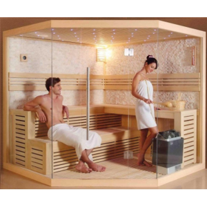 Arredo Casa Facile Sauna Finlandese 6-7 Posti 200x200 Cm King - Vetro 8mm - Stufa Harvia Eco-Tech - Nuovo Pc - Ozono - Radio + Mp3 - Mp4 - Usb - Bluetooth - Aromaterapia - Cromoterapia - Led - Timer - Orologio - Secchiello