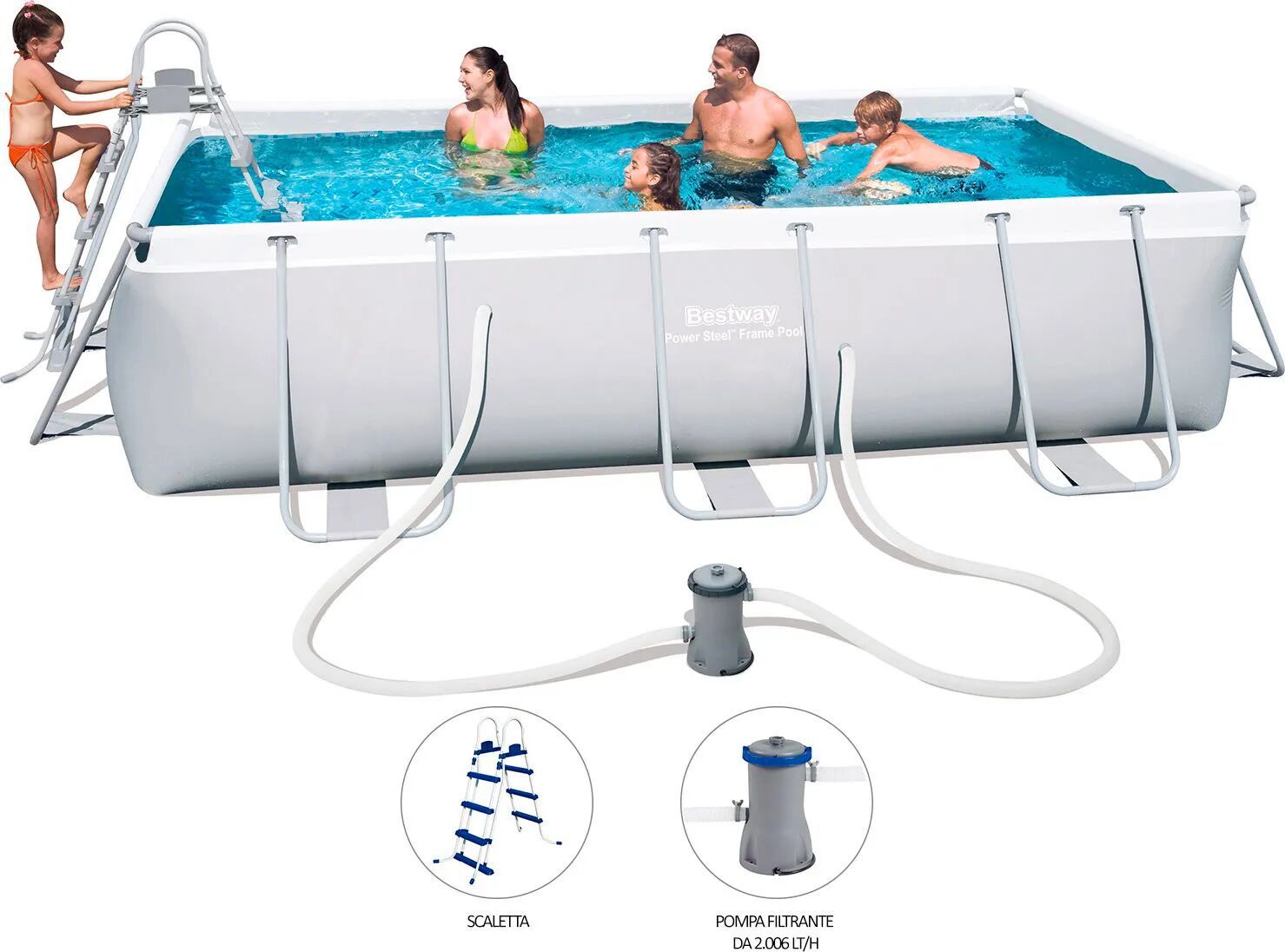 Bestway Piscina Fuori Terra con Telaio Portante Piscina Esterna da Giardino in PVC triplice strato Rettangolare 404x201x100h cm con Pompa Filtro da 2.006 Lt/h - 56441 Power Steel Frame