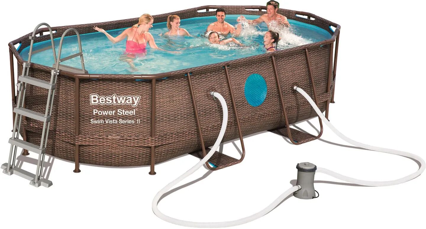 Bestway Piscina Fuori Terra con Telaio Portante Piscina Esterna da Giardino in PVC Effetto Vimini Ovale Ø 427x250x100h cm con Pompa Filtro da 2.006 l/h - 56714 Power Steel Swim Vista