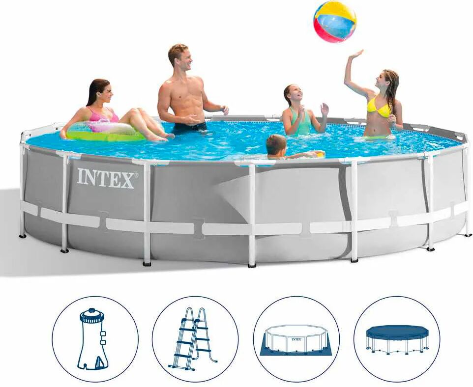 Intex Piscina Fuori Terra con Telaio Portante Piscina Esterna da Giardino in PVC triplice strato Rotonda Ø 457x107h cm con Pompa Filtro da 3.785 Lt/h - 26724 Frame Prisma