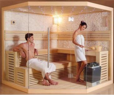 Arredo Casa Facile Sauna Finlandese 6-7 Posti 200x200 Cm King - Vetro 8mm - Stufa Harvia Eco-Tech - Nuovo Pc - Ozono - Radio + Mp3 - Mp4 - Usb - Bluetooth - Aromaterapia - Cromoterapia - Led - Timer - Orologio - Secchiello