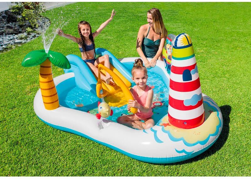 intex 57162 piscina fuori terra gonfiabile piscina esterna per bambini da giardino con scivolo 218x188x99 cm - 57162 play center fishing fun