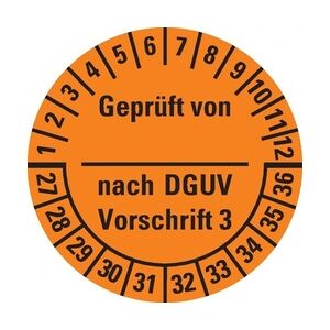 König Werbeanlagen Dreifke® Prüfplakette Geprüft n. DGUV Vorschrift 3,27-36,orange,Dokufolie,Spez.,Ø25mm,21/BOG