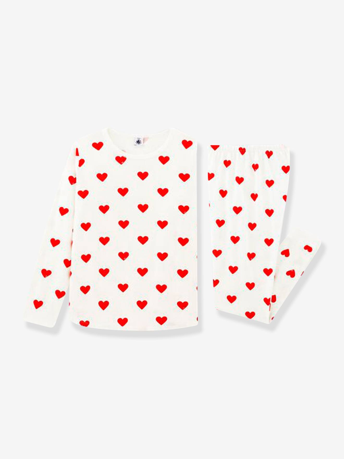 Pijama de manga larga Corazón para niña PETIT BATEAU de algodón orgánico blanco claro estampado