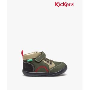 Chaussures premiers pas bébé garçon en cuir à lacets élastiques et à scratch - Kickers - 22 - kaki - KICKERS kaki - Publicité