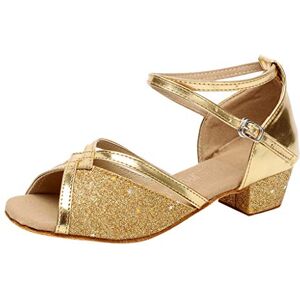 Susenstone Chaussures De Danse Latine En Satin Pour Filles Salle De Bal Performance Sandale Talon Bas Sandales Princesse Pas Cher Confortable Standard Samba Chacha Salsa (35 EU, A-Or) - Publicité