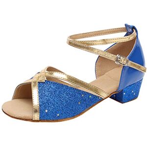 Susenstone Chaussures De Danse Latine En Satin Pour Filles Salle De Bal Performance Sandale Talon Bas Sandales Princesse Pas Cher Confortable Standard Samba Chacha Salsa (33 EU, A-Bleu) - Publicité