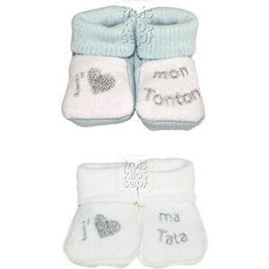 Trois Kilos Sept Chaussons bébé Collection"J'aime mon Tonton"/"J'aime ma Tata" Lots 2 paires (Bleu Blanc) - Publicité