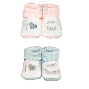 Trois Kilos Sept Chaussons bébé Collection"J'aime mon Tonton"/"J'aime ma Tata" Lots 2 paires (Rose Bleu) - Publicité