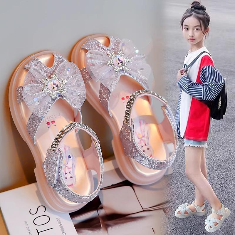NUOXIN Girl's shoes, fashionable Princess Elsa shoes, new children's soft soled beach shoes, bow cute crystal shoes