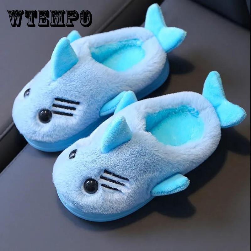 WTEMPO Children's Cotton Slippers Winter Cartoon Fish Boys and Girls Warm Thick Anti-skid Soft Bottom Home Indoor Baby Cotton Shoes