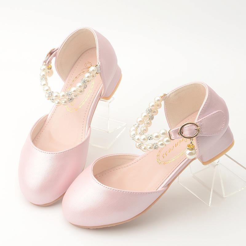 Ofashion Pink Black White Party Wedding Shoes Children's High Heels Girl Shoe Elegan Pearl Princess Dress Girls Heel Shoes Child 2023 New
