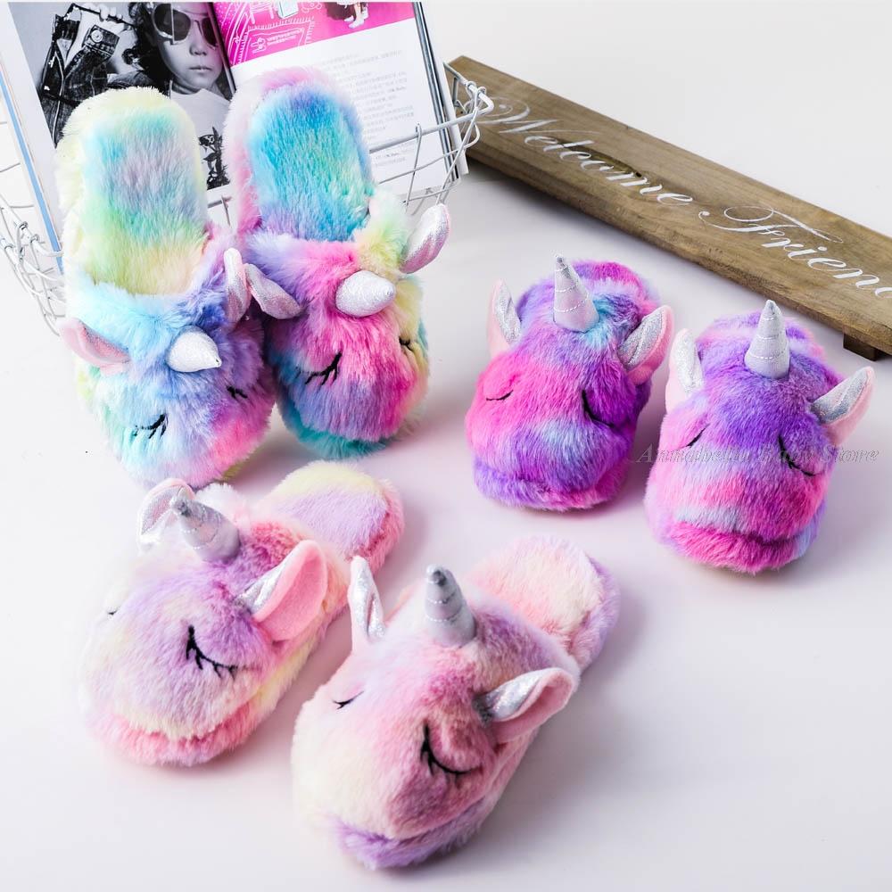 91530326MAC32EC66D Winter Children's Unicorn Slippers Baby Kids Shoes for Girl Boy Slippers Rainbow Soft Warm Furry Toddler Home Slippers