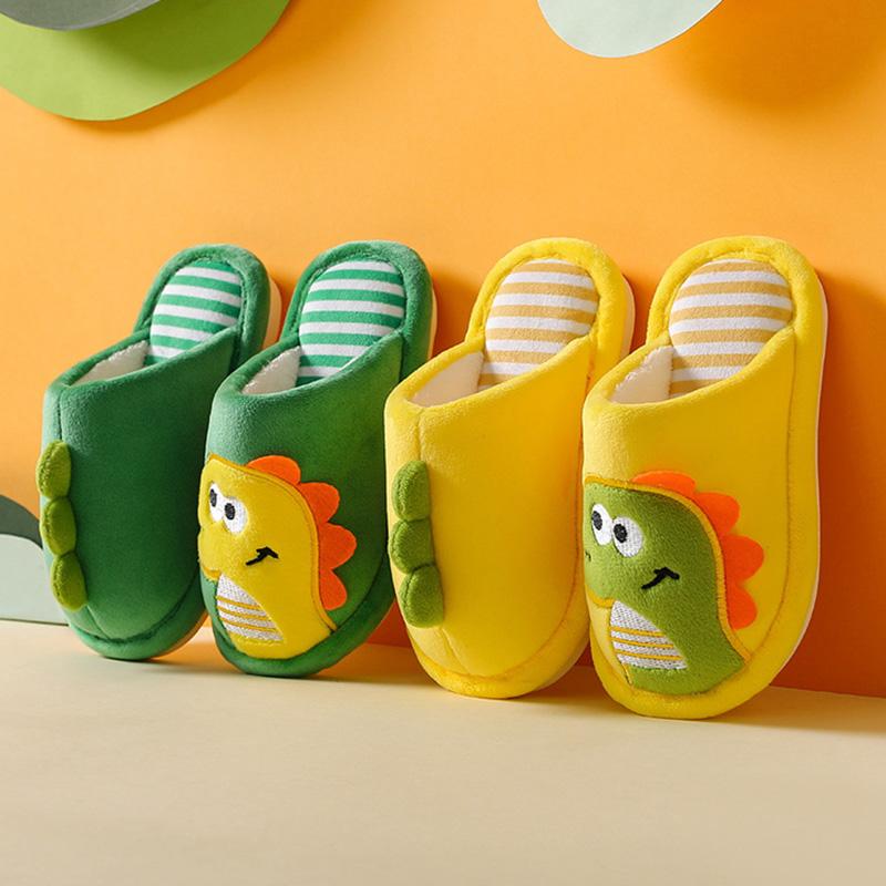 Kidsyuan Children's Slippers Cute Cartoon Dinosaur Plush Slippers Soft Soled Non-Slip Kids Shoes Home Footwear