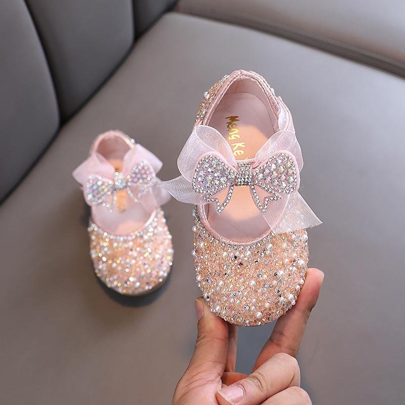 TWINFLAMES New Children's Sequined Leather Shoes Girls Princess Rhinestone Bowknot Single Shoes Fashion Baby Kids Wedding Shoes