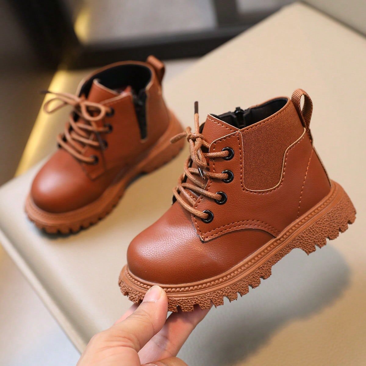 SHEIN Children's Fashionable Lace-up Boots, Comfortable Outdoor All-match Shoes Bronze CN21,CN22,CN23,CN24,CN25,CN26,CN27,CN28,CN29,CN30