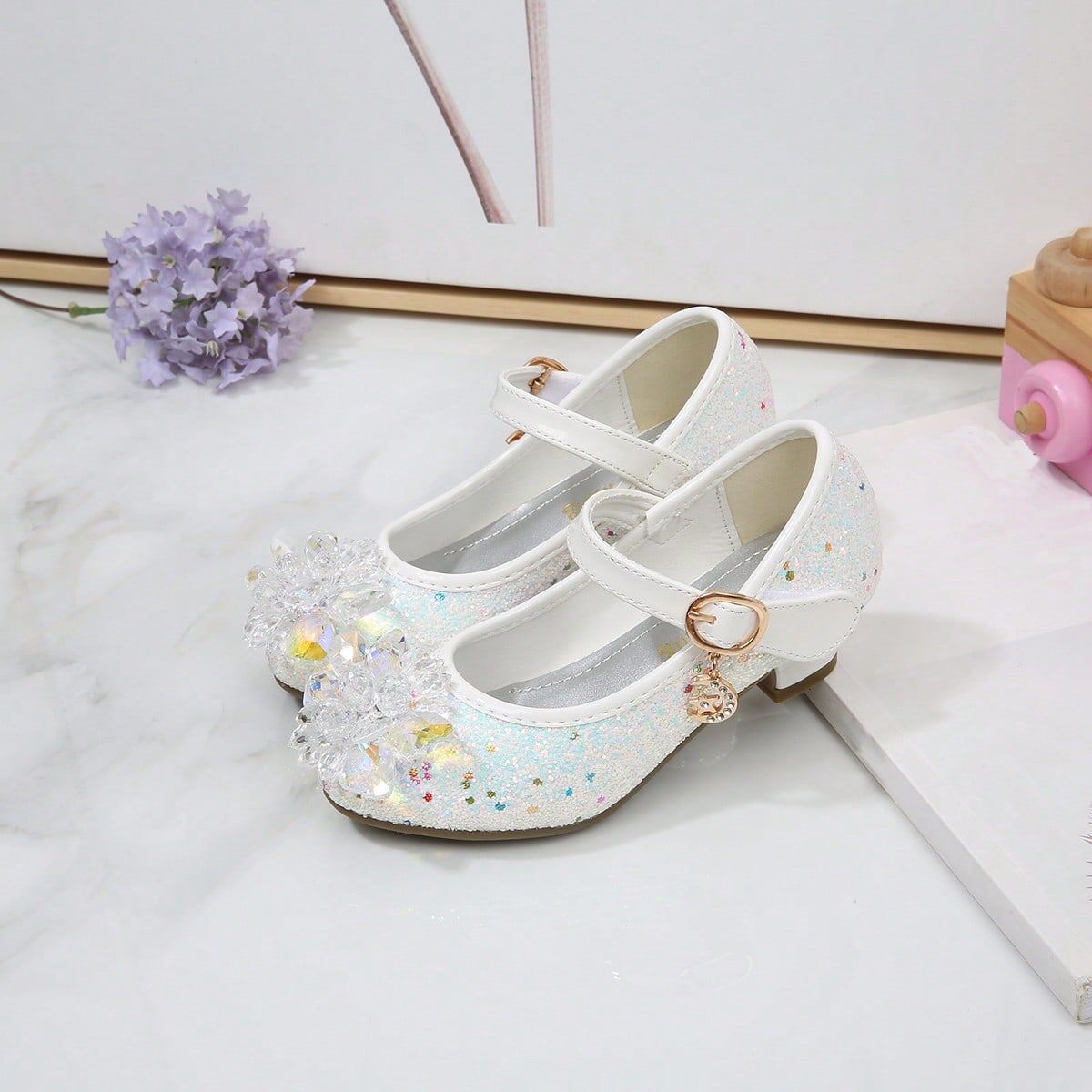 SHEIN Children's Crystal Shoes, Fashion High Heels Princess Shoes White CN34,CN35,CN36,CN37,CN38,CN27,CN28,CN29,CN30,CN31,CN32,CN33