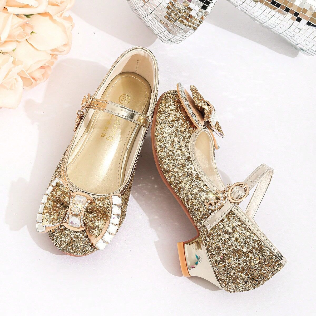 SHEIN Children's Princess Mary Jane Flat Shoes With Shiny Bow Decoration For Girls Gold EUR34,EUR35,EUR36,EUR37,EUR27,EUR28,EUR29,EUR30,EUR31,EUR32,EUR33