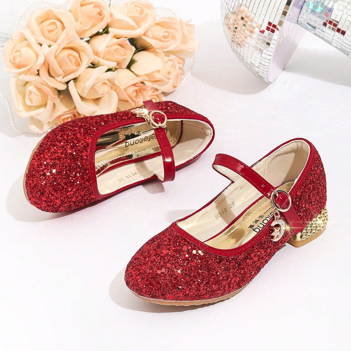 SHEIN Children's Fashionable Four Seasons Flat Shoes For Girls, Sparkling Rhinestones & Contrast Color Design Elegant Princess Shoe Red CN34,CN35,CN36,CN37,CN27,CN28,CN29,CN30,CN31,CN32,CN33