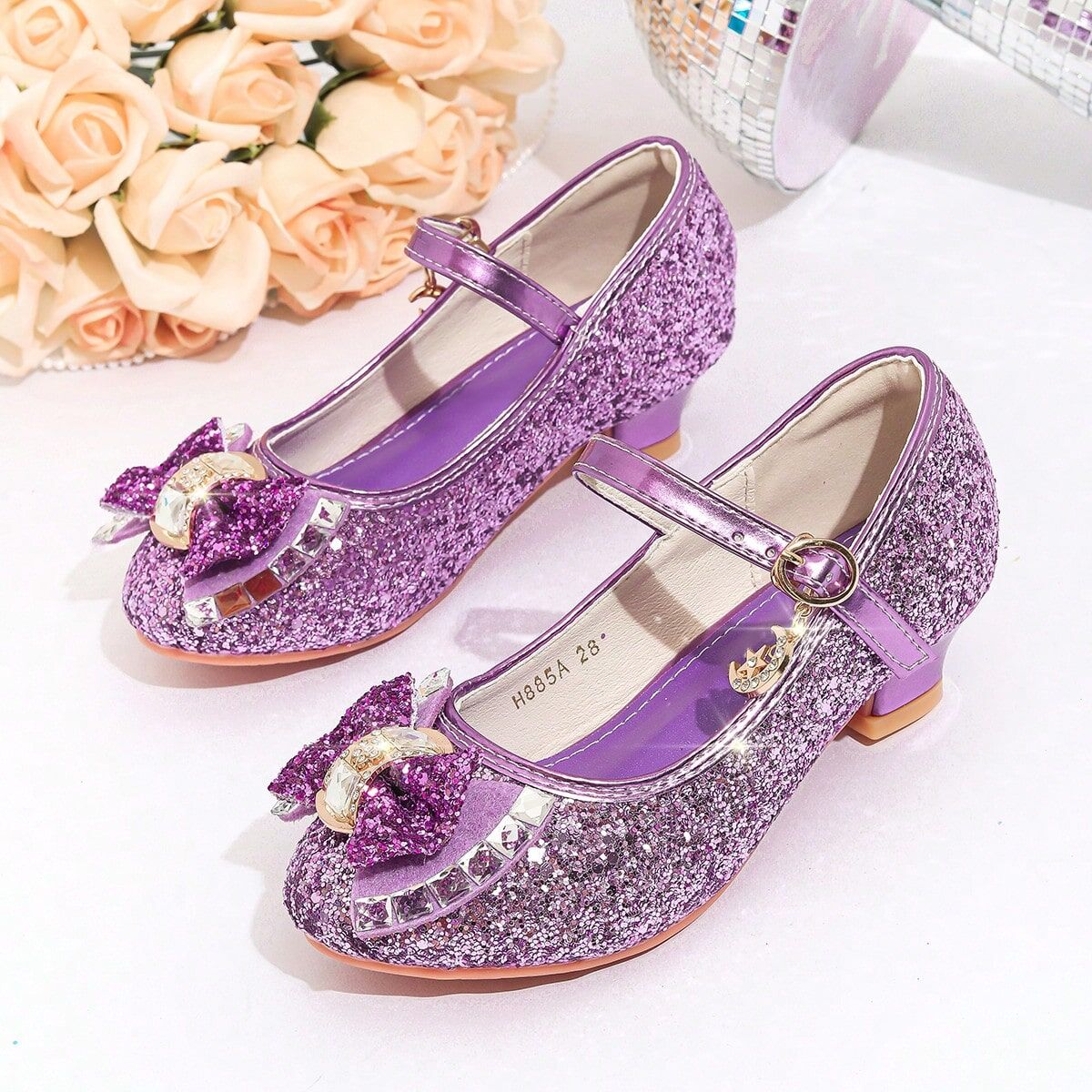 SHEIN Girls' High Heels, New Children's Princess Crystal Shoes With Soft Soles, Versatile Purple CN34,CN35,CN23,CN24,CN25,CN26,CN27,CN28,CN29,CN30,CN31,CN32,CN33