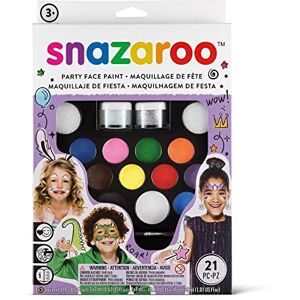 Snazaroo Schminkfarben Ultimatives Party Set, Schminkpalette mit 2 Pinsel, 4 Schwämmchen und Anleitung, 2 Glittergel, 12 Farben