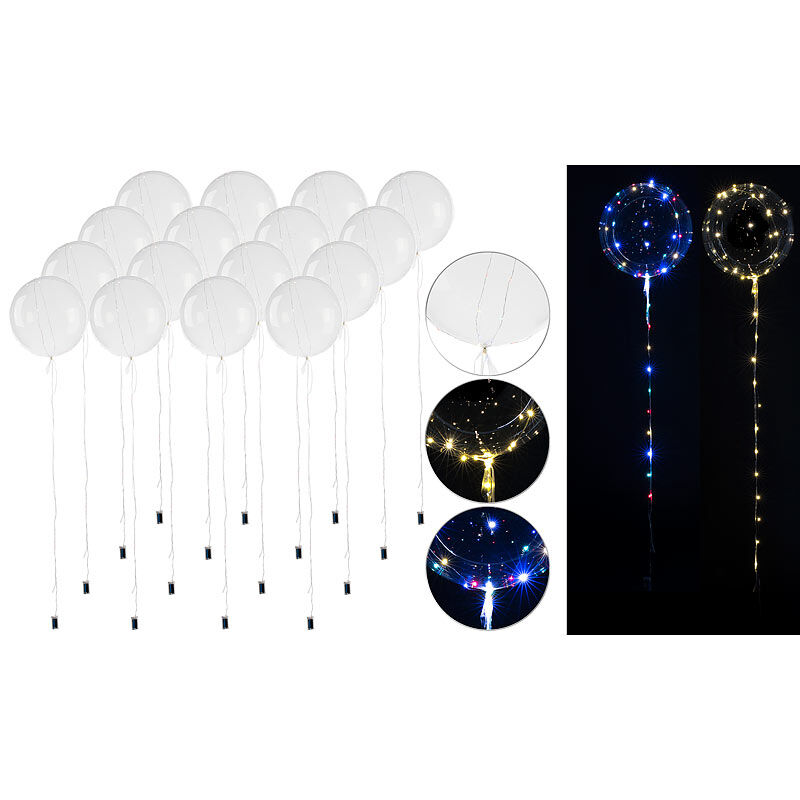 Pearl 16er-Set Luftballons mit Lichterkette, 40 weiße & 40 Farb-LEDs, Ø 25