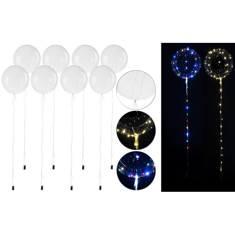 Pearl 8er-Set Luftballons mit Lichterkette, 40 weiße & 40 Farb-LEDs, Ø 25 cm