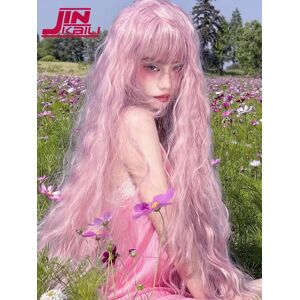 Jinkaili 40 Zoll Extra Lange Lockige Synthetische Cosplay-Perücke Mit Pony, Rosa Lolita-Perücke, Damen, Halloween, Cosplay-Perücken, Party, Täglicher Gebrauch